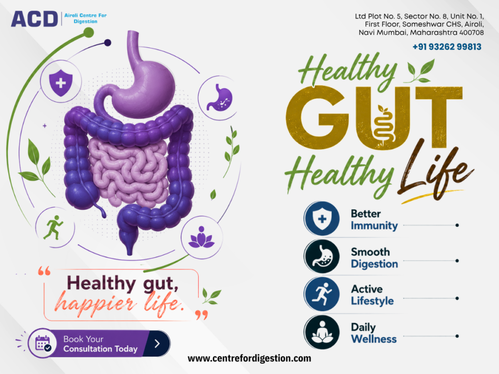 Healthy gut awareness poster promoting digestive wellness by Dr. Sonali Gautam in Navi Mumbai.