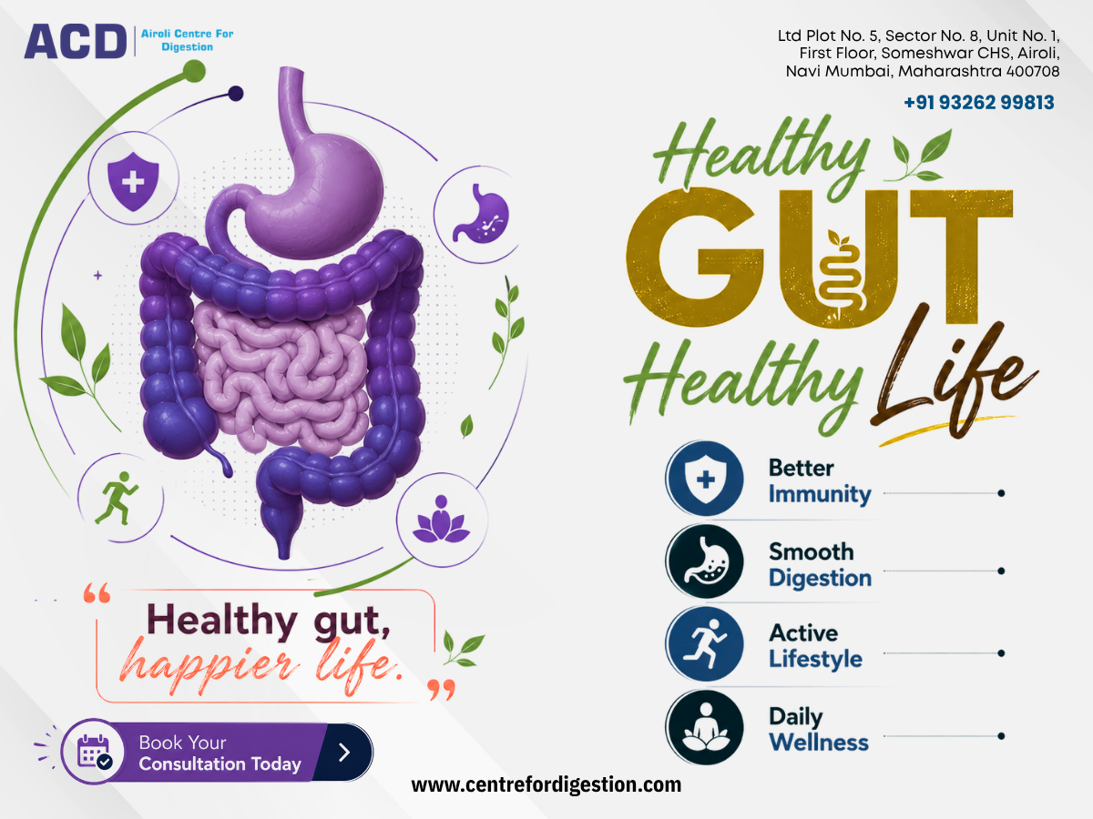 Healthy gut awareness poster promoting digestive wellness by Dr. Sonali Gautam in Navi Mumbai.