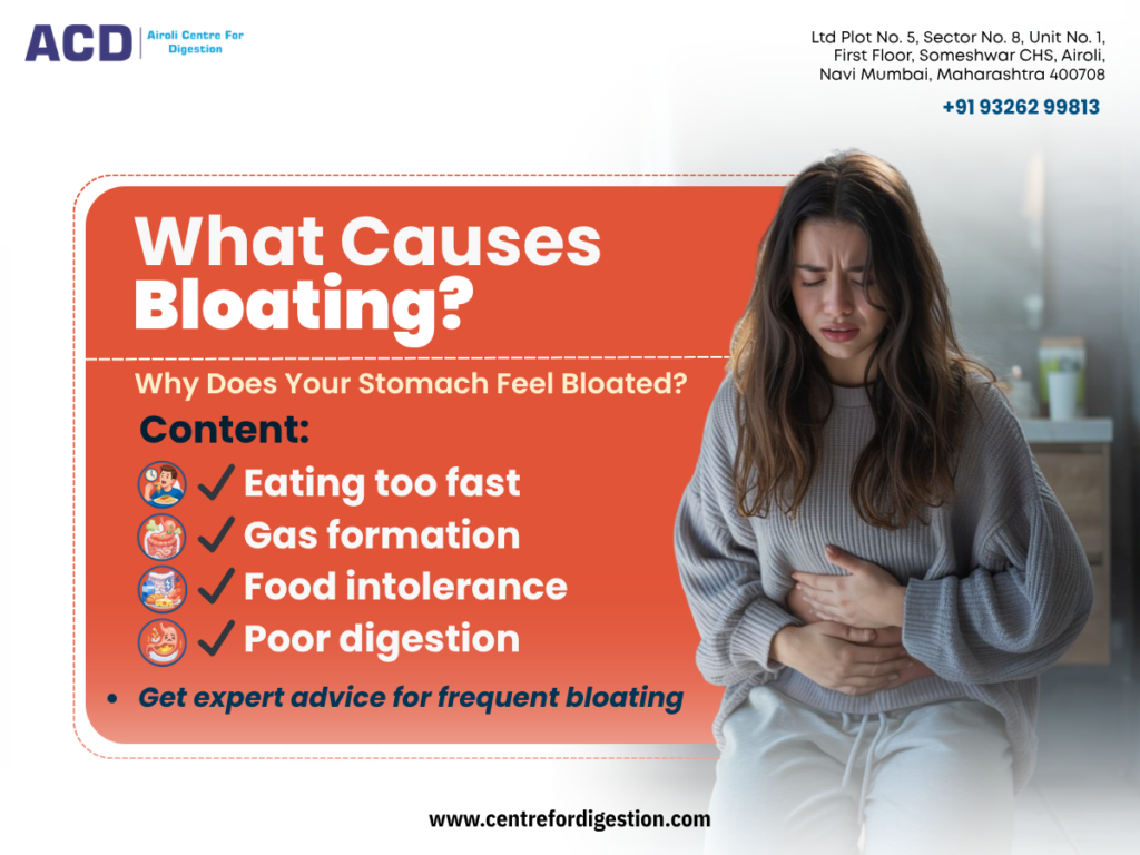 Woman experiencing stomach bloating with digestive health awareness information.