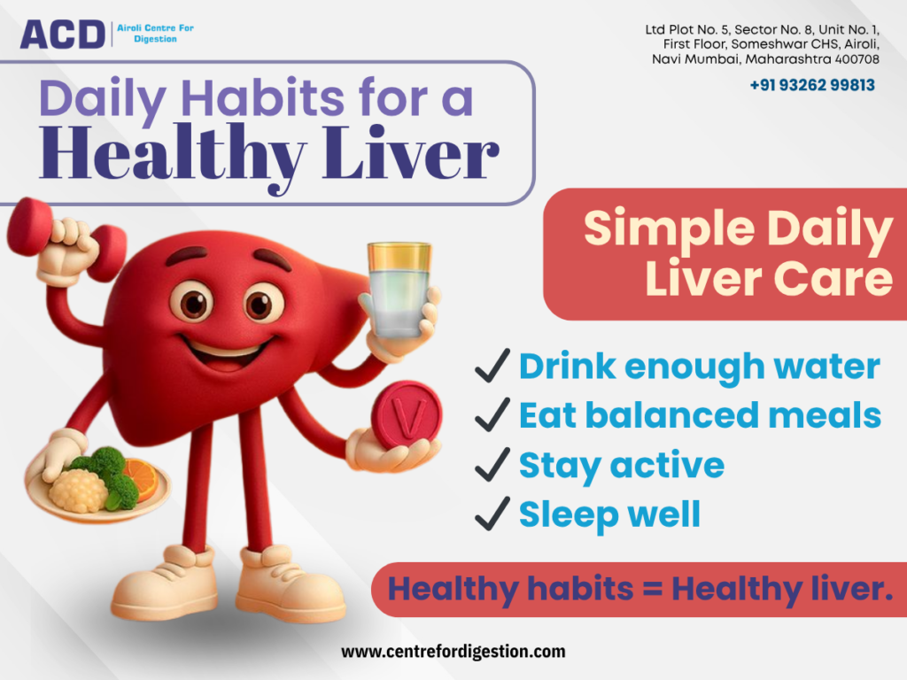 Illustration of a healthy liver promoting daily habits like hydration, balanced diet, exercise, and proper sleep for better liver health.