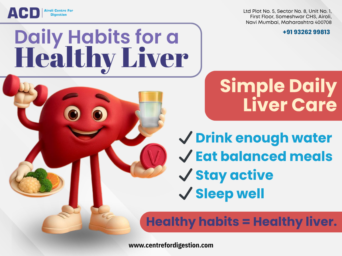 Illustration of a healthy liver promoting daily habits like hydration, balanced diet, exercise, and proper sleep for better liver health.