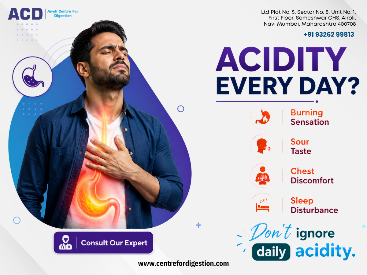 Acidity awareness poster showing symptoms like burning sensation, sour taste, chest discomfort, and sleep disturbance with digestive care consultation at Airoli Centre For Digestion.