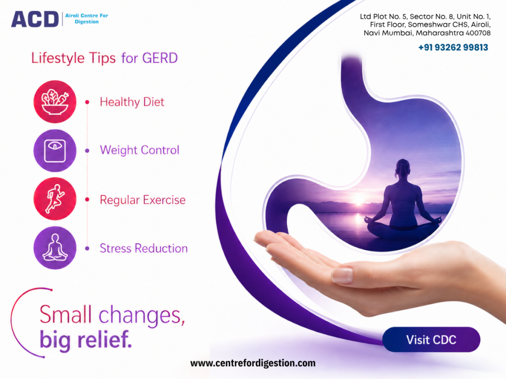 Lifestyle tips for GERD with healthy diet, exercise, weight control, and stress reduction.