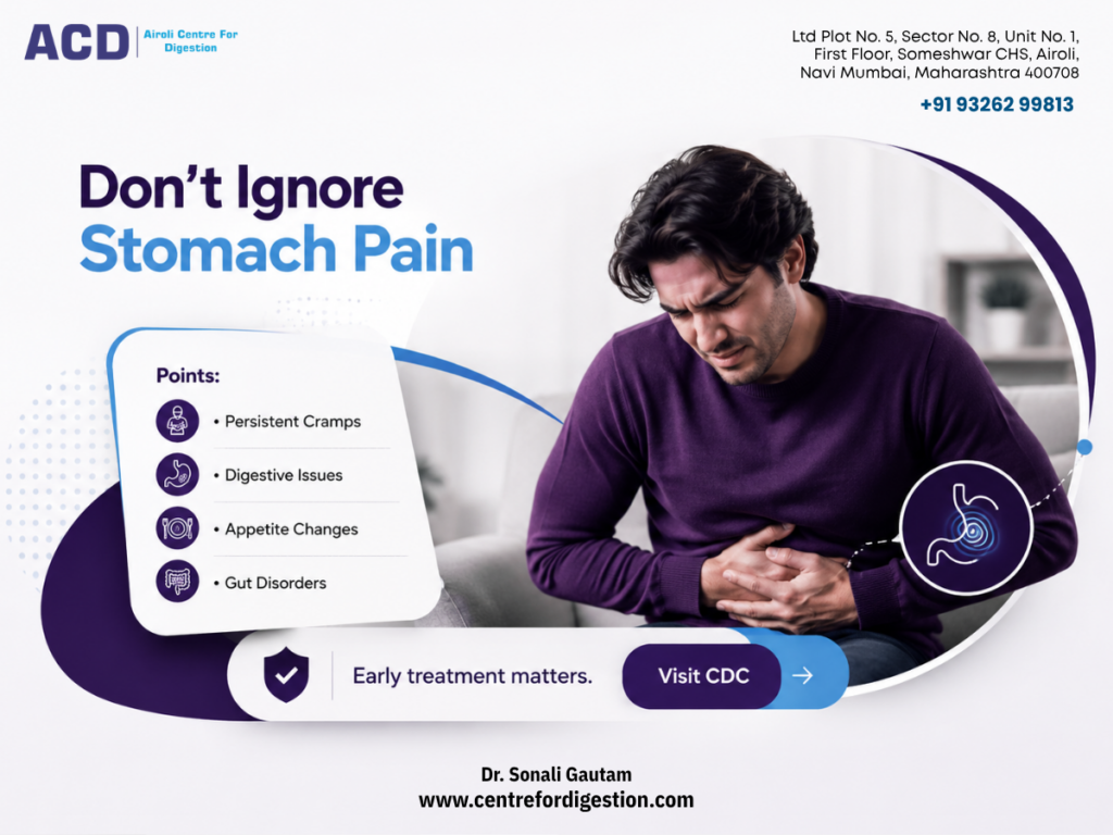 Man experiencing stomach pain with digestive health awareness message.